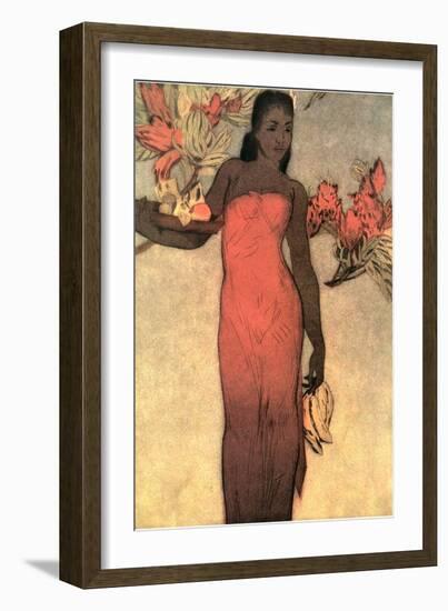 Hawaiian Woman with Fruit and Flowers-null-Framed Art Print