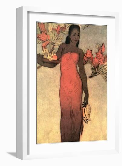 Hawaiian Woman with Fruit and Flowers-null-Framed Art Print