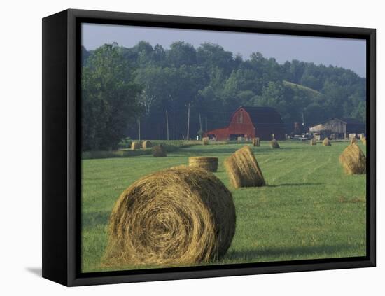 Hay Bales and Red Barn, Greenup, Kentucky, USA-Adam Jones-Framed Stretched Canvas