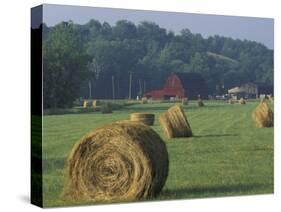 Hay Bales and Red Barn, Greenup, Kentucky, USA-Adam Jones-Stretched Canvas