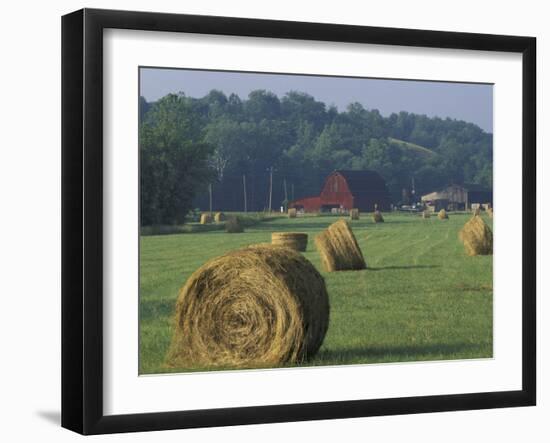 Hay Bales and Red Barn, Greenup, Kentucky, USA-Adam Jones-Framed Premium Photographic Print