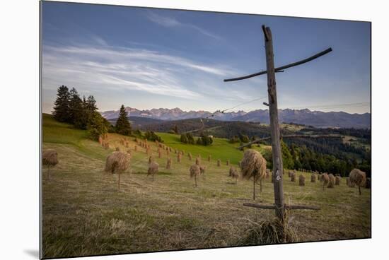 Hay stooks in foothills of Carpathian Mountains on outskirts of Bukowina Tatrzanska village, Southe-Jeremy Bright-Mounted Photographic Print