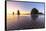 Haystack Rock and The Needles at sunset, with textured sand in the foreground-francesco vaninetti-Framed Stretched Canvas