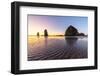 Haystack Rock and The Needles at sunset, with textured sand in the foreground-francesco vaninetti-Framed Photographic Print