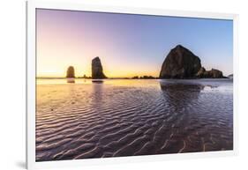 Haystack Rock and The Needles at sunset, with textured sand in the foreground-francesco vaninetti-Framed Photographic Print