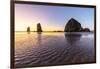 Haystack Rock and The Needles at sunset, with textured sand in the foreground-francesco vaninetti-Framed Photographic Print