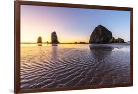 Haystack Rock and The Needles at sunset, with textured sand in the foreground-francesco vaninetti-Framed Photographic Print