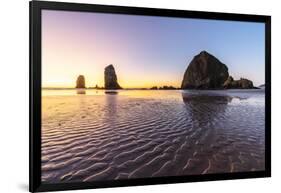 Haystack Rock and The Needles at sunset, with textured sand in the foreground-francesco vaninetti-Framed Photographic Print