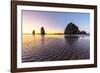 Haystack Rock and The Needles at sunset, with textured sand in the foreground-francesco vaninetti-Framed Photographic Print