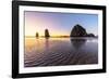 Haystack Rock and The Needles at sunset, with textured sand in the foreground-francesco vaninetti-Framed Photographic Print