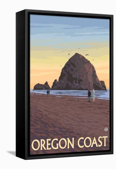 Haystack Rock, Cannon Beach, Oregon-Lantern Press-Framed Stretched Canvas
