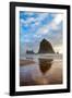 Haystack Rock reflected on the shoreline at Cannon Beach on the Pacific Northwest coast, Oregon, Un-Martin Child-Framed Photographic Print