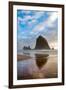 Haystack Rock reflected on the shoreline at Cannon Beach on the Pacific Northwest coast, Oregon, Un-Martin Child-Framed Premium Photographic Print