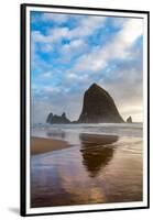 Haystack Rock reflected on the shoreline at Cannon Beach on the Pacific Northwest coast, Oregon, Un-Martin Child-Framed Premium Photographic Print