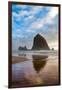 Haystack Rock reflected on the shoreline at Cannon Beach on the Pacific Northwest coast, Oregon, Un-Martin Child-Framed Photographic Print