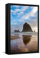 Haystack Rock reflected on the shoreline at Cannon Beach on the Pacific Northwest coast, Oregon, Un-Martin Child-Framed Stretched Canvas