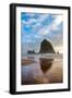 Haystack Rock reflected on the shoreline at Cannon Beach on the Pacific Northwest coast, Oregon, Un-Martin Child-Framed Photographic Print