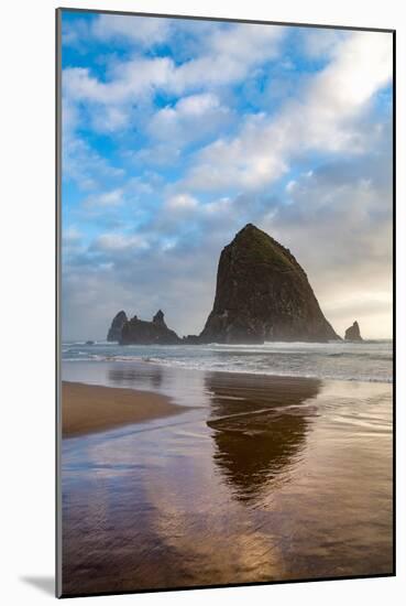 Haystack Rock reflected on the shoreline at Cannon Beach on the Pacific Northwest coast, Oregon, Un-Martin Child-Mounted Photographic Print