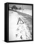 Hazard Road Marker along Snowy Road in Europe, Ca. 1935.-Kirn Vintage Stock-Framed Stretched Canvas