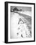 Hazard Road Marker along Snowy Road in Europe, Ca. 1935.-Kirn Vintage Stock-Framed Photographic Print