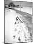 Hazard Road Marker along Snowy Road in Europe, Ca. 1935.-Kirn Vintage Stock-Mounted Photographic Print