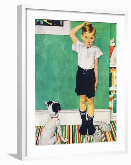 He’s Going to Be Taller Than Dad (or Boy Measuring Himself on Wall)-Norman Rockwell-Framed Giclee Print