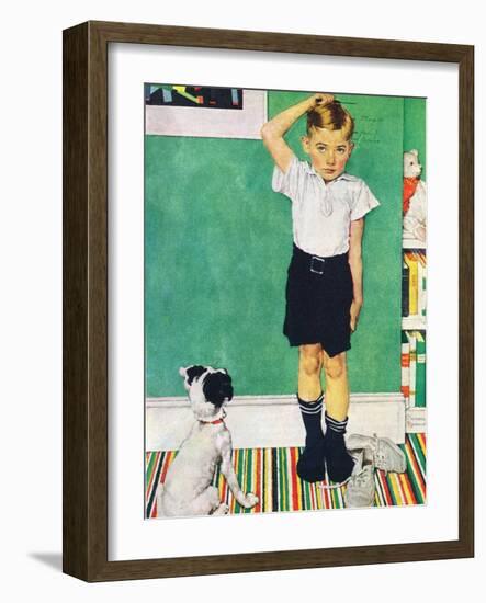 He’s Going to Be Taller Than Dad (or Boy Measuring Himself on Wall)-Norman Rockwell-Framed Giclee Print