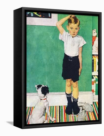 He’s Going to Be Taller Than Dad (or Boy Measuring Himself on Wall)-Norman Rockwell-Framed Stretched Canvas