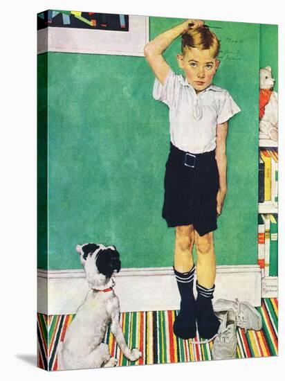 He’s Going to Be Taller Than Dad (or Boy Measuring Himself on Wall)-Norman Rockwell-Stretched Canvas