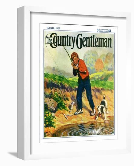 "He's Got a Fish!," Country Gentleman Cover, April 1, 1927-George Brehm-Framed Giclee Print