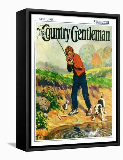 "He's Got a Fish!," Country Gentleman Cover, April 1, 1927-George Brehm-Framed Stretched Canvas