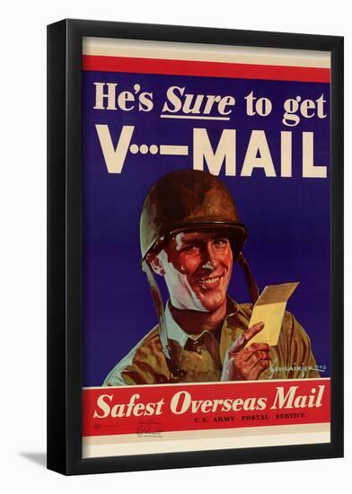 He's Sure to get V-Mail Safest Overseas Mail WWII War Propaganda Art Print Poster-null-Framed Poster