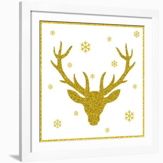 Head of Deer with Big Horns. Trendy Gold Glitter Texture.-Farferros-Framed Art Print