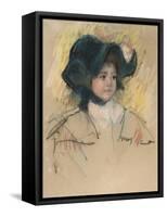 Head of Simone in a Green Bonnet with Wavy Brim-Mary Cassatt-Framed Stretched Canvas