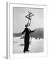 Head Waiter Rene Breguet Balancing Chair on Chin at Ice Rink of Grand Hotel-Alfred Eisenstaedt-Framed Photographic Print