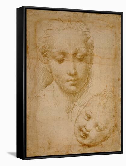 Heads of the Virgin and Child, 1508-1510, Silverpoint on Orange-Pink Paper-Raphael-Framed Stretched Canvas
