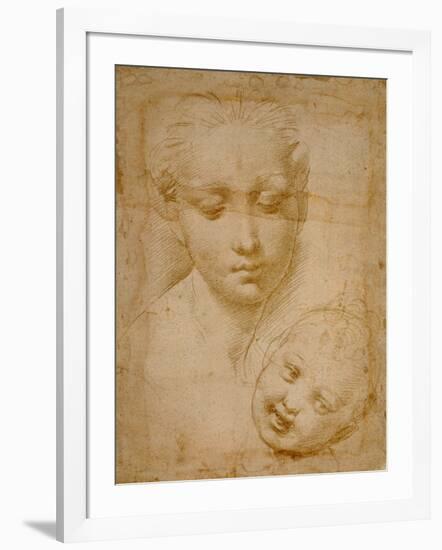 Heads of the Virgin and Child, 1508-1510, Silverpoint on Orange-Pink Paper-Raphael-Framed Giclee Print