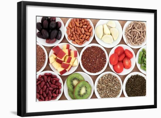 Health Food Ingredients In White Porcelain Bowls Over Papyrus Background-marilyna-Framed Art Print