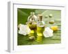 Health Spa with Massage Oil and White Flower ,Candle on Leaf-crystalfoto-Framed Photographic Print