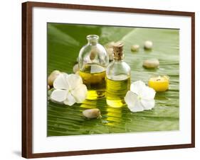 Health Spa with Massage Oil and White Flower ,Candle on Leaf-crystalfoto-Framed Photographic Print