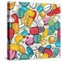 Healthcare Background with Dragee, Pilule, Pill, Caplet, Capsule, Tablet, Aspirin. Hand Drawing Vec-Sopelkin-Stretched Canvas