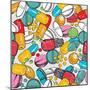 Healthcare Background with Dragee, Pilule, Pill, Caplet, Capsule, Tablet, Aspirin. Hand Drawing Vec-Sopelkin-Mounted Art Print