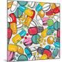 Healthcare Background with Dragee, Pilule, Pill, Caplet, Capsule, Tablet, Aspirin. Hand Drawing Vec-Sopelkin-Mounted Art Print
