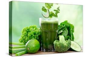 Healthy Green Vegetable Juice on Wooden Table-Kesu01-Stretched Canvas