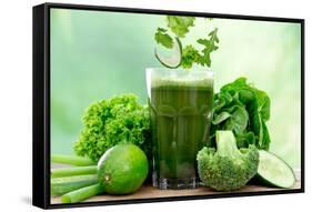 Healthy Green Vegetable Juice on Wooden Table-Kesu01-Framed Stretched Canvas