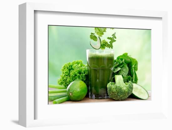 Healthy Green Vegetable Juice on Wooden Table-Kesu01-Framed Photographic Print