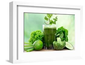 Healthy Green Vegetable Juice on Wooden Table-Kesu01-Framed Photographic Print