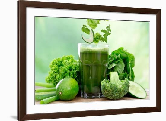 Healthy Green Vegetable Juice on Wooden Table-Kesu01-Framed Photographic Print