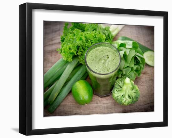 Healthy Green Vegetable Juice on Wooden Table-Kesu01-Framed Photographic Print