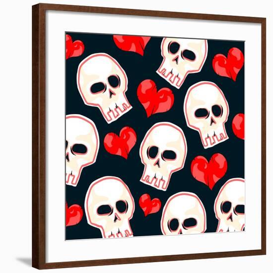 Heart And Skull Pattern on Black-null-Framed Giclee Print